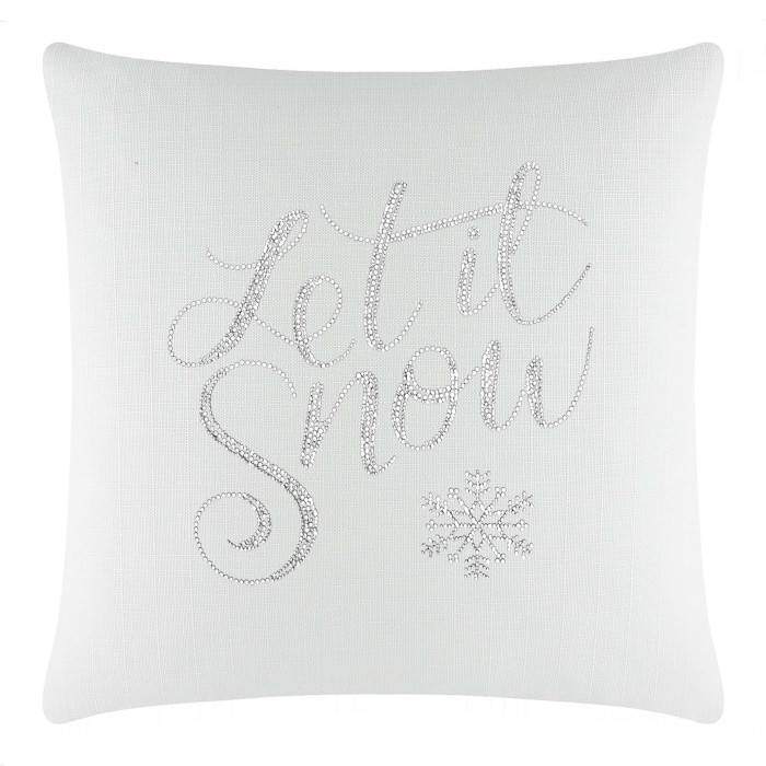 Square white pillow with textured fabric featuring "Let it Snow" in glass rhinestones and a snowflake design.