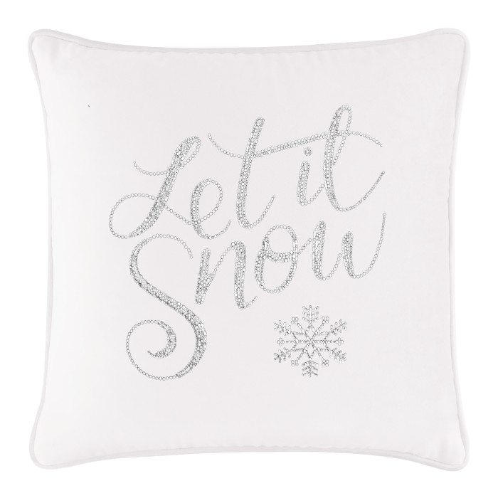 White velvet square pillow featuring "Let it Snow" in glass rhinestones with a snowflake design.