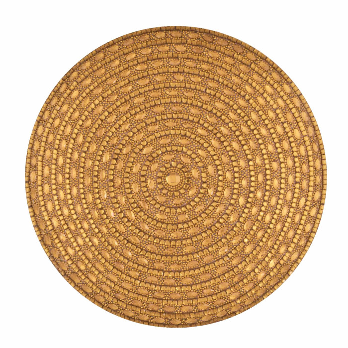 Round gold pillow with a plush velvet texture featuring a rhinestone design and a 15-inch diameter.
