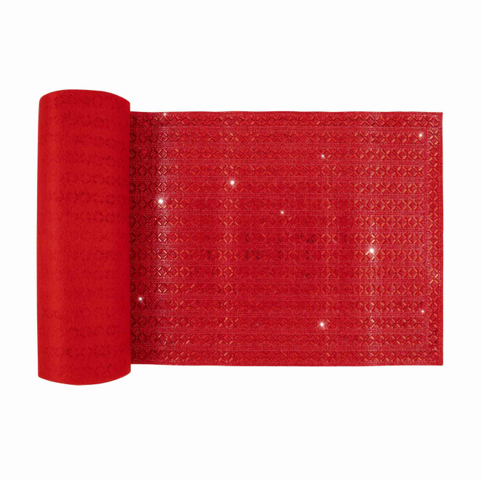 Red table runner with a textured pattern and glass rhinestones arranged in an X-pattern smooth fabric finish.