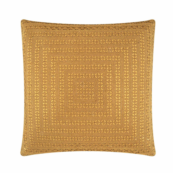Gold square pillow featuring intricate rhinestone design on a textured surface with plush velvet backing.