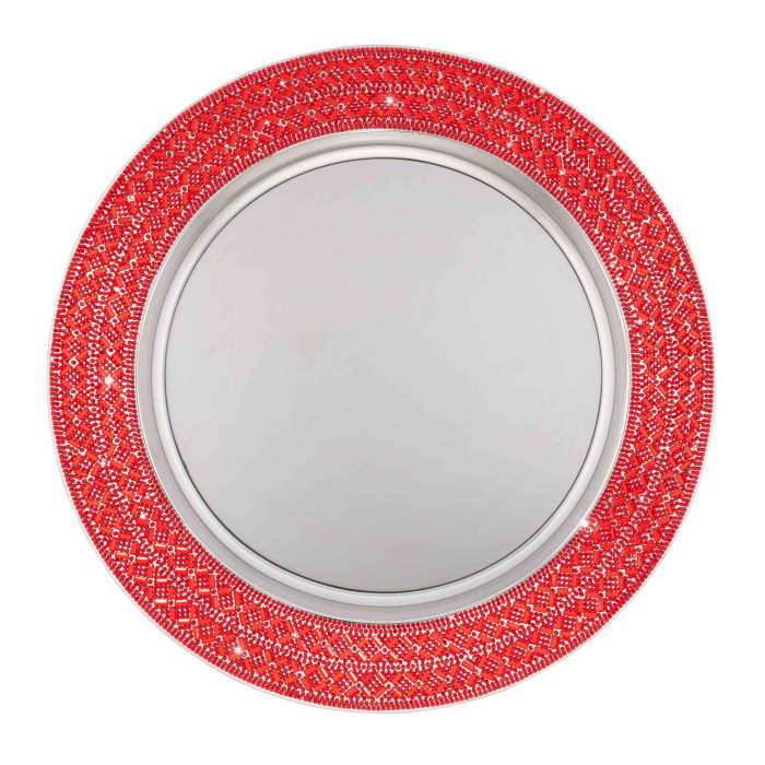 Red charger plate with a stainless steel center and a crisscross rhinestone pattern along the edge 13 inches in diameter.