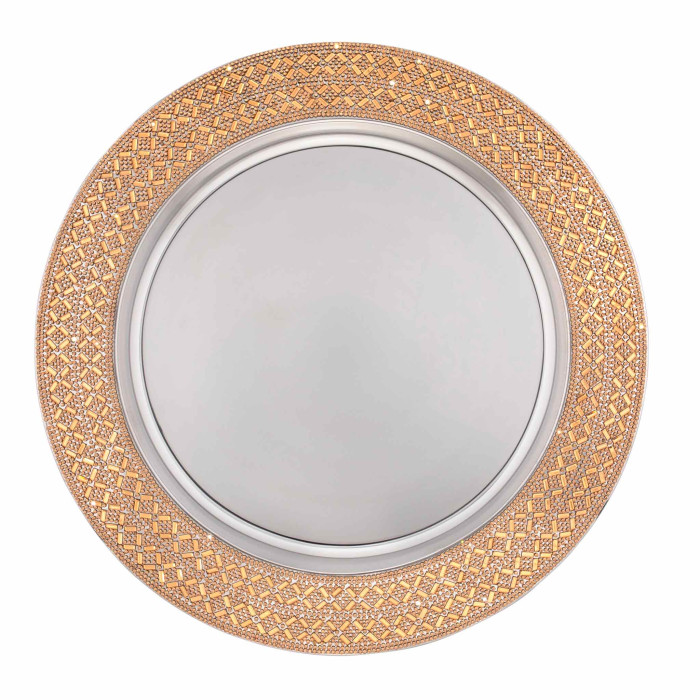 A 13" round stainless steel charger plate with a shiny silver center and a crisscross rhinestone pattern around the edge.