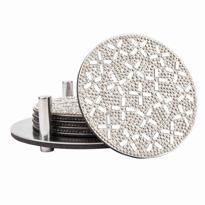 Round silver coasters with a textured pattern of sparkling rhinestones housed in a sleek stainless steel holder with four legs.
