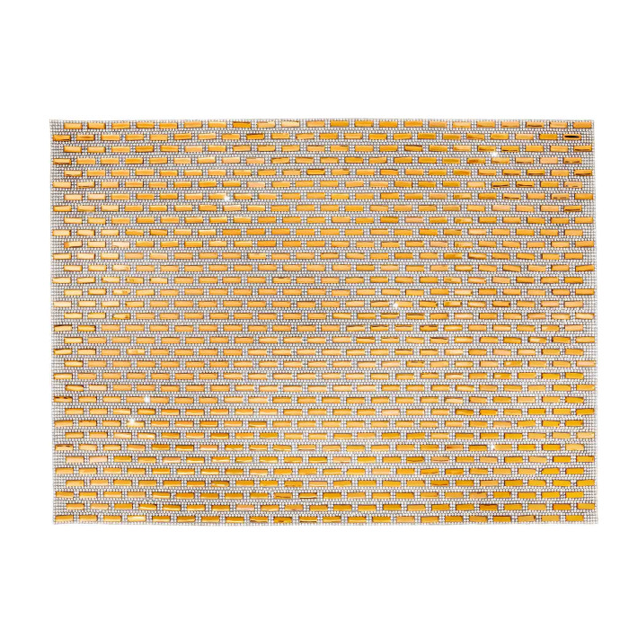 Silver placemat with a subway tile design adorned with glass stones featuring a felt backing and a textured surface.