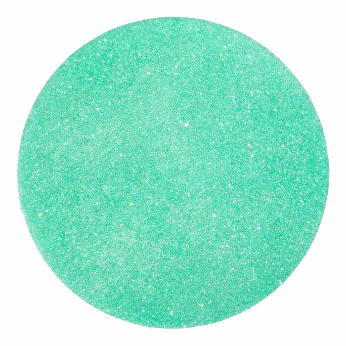 Aqua iridescent round placemat with a textured surface and vibrant rhinestone embellishments.