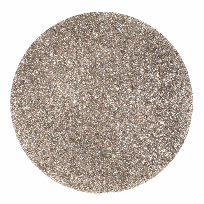 Round charcoal placemat with a textured surface embellished with vibrant rhinestones for added sparkle.