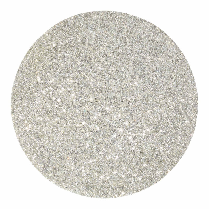 Round silver placemat with a textured surface adorned with vibrant rhinestones reflecting light for a sparkling effect.