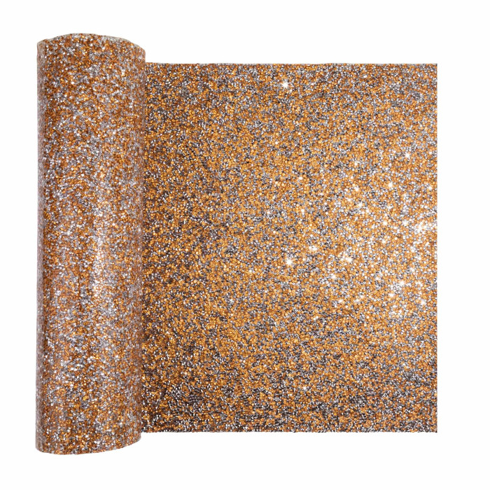 Topaz table runner with a glittery texture featuring sparkling rhinestones throughout its surface.