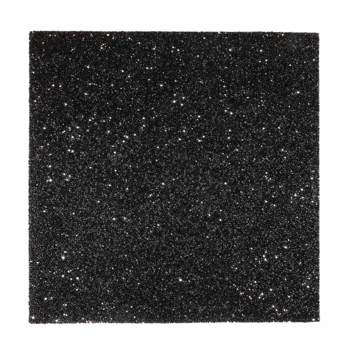Black square placemat with a textured surface embellished with shimmering rhinestones measuring 14"x14".