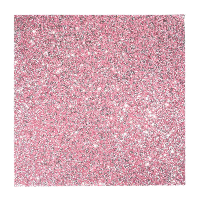 A square placemat in pink with a textured surface embellished with shimmering rhinestones throughout.