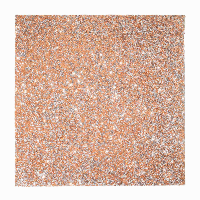 Square placemat in topaz with a shimmering texture featuring orange and silver rhinestones throughout.