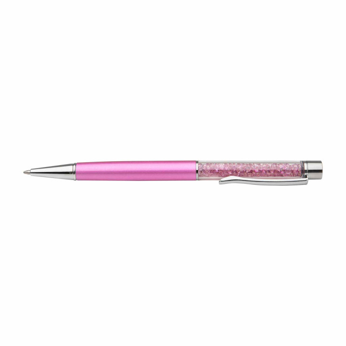 A pink metal pen with a clear barrel filled with glass rhinestones silver accents and a twist mechanism.
