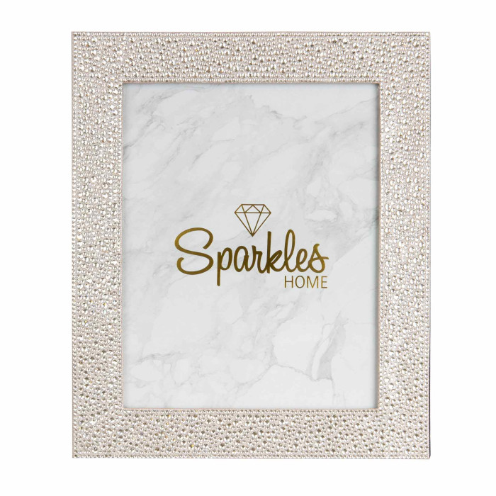 Silver picture frame adorned with glass rhinestones featuring a marble-patterned background and gold text.