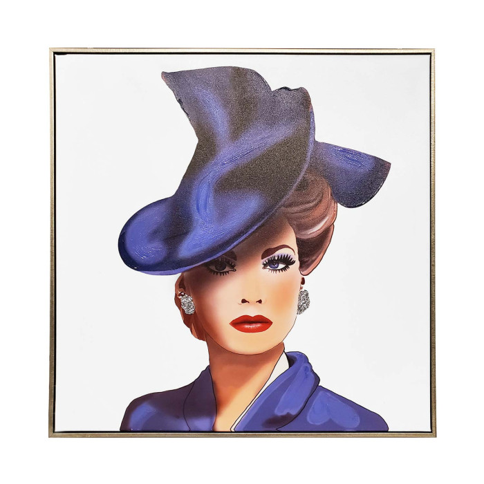 A framed canvas art piece featuring a woman with a large purple hat red lips and rhinestone earrings against a white background.