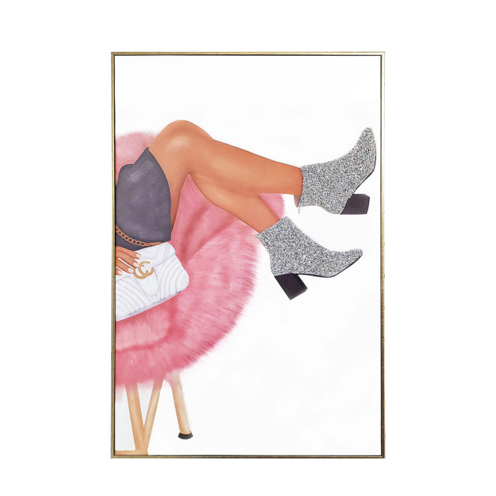 Rhinestone-embellished silver ankle boots tan leg black skirt pink faux fur chair gold metallic frame.