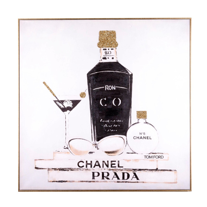 Acrylic wall art featuring a black bottle martini glass and perfume with gold accents on a white background in a metallic frame.