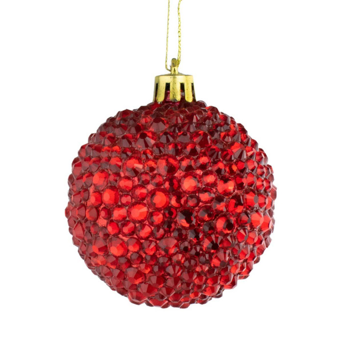 Red spherical ornament covered in multi-sized glass rhinestones with a gold cap and hanging string.