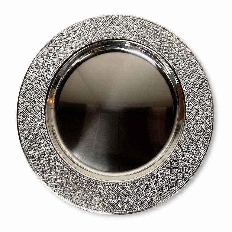 Silver metallic stone charger plate with textured rim and reflective center