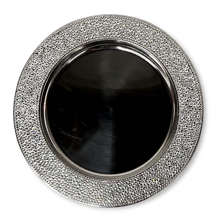Round rhinestone charger plate with black mirrored center and silver glass-studded border