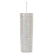 A tall silver tumbler covered in rhinestones with a clear straw and a smooth shiny surface.
