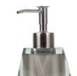 Faceted aqua resin lotion pump with a diamond-like finish and stainless steel dispenser featuring a glittery texture. Faceted aqua resin lotion pump with a diamond-like finish and stainless steel dispenser featuring a glittery texture.