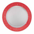 A 13" round stainless steel charger plate with a shiny silver center and a crisscross rhinestone pattern around the edge.