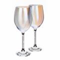 Iridescent wine glass with a faceted bowl crystal-filled stem and a light-reflecting base. Iridescent wine glass with a faceted bowl crystal-filled stem and a light-reflecting base.