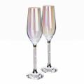 A tall clear glass toasting flute with a rainbow sheen crystal-filled stem and a faceted clear base. A tall clear glass toasting flute with a rainbow sheen crystal-filled stem and a faceted clear base.