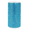 Tall can insulator covered in aqua crystals with a stainless steel body and white top featuring a smooth shiny texture. Tall can insulator covered in aqua crystals with a stainless steel body and white top featuring a smooth shiny texture.