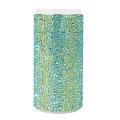 Tall can insulator covered in aqua crystals with a stainless steel body and white top featuring a smooth shiny texture. Tall can insulator covered in aqua crystals with a stainless steel body and white top featuring a smooth shiny texture.