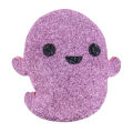 Purple ghost-shaped pillow covered in shimmering rhinestones with black eyes and a smiling mouth plush texture. Purple ghost-shaped pillow covered in shimmering rhinestones with black eyes and a smiling mouth plush texture.