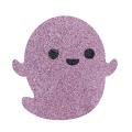 A playful glittery purple ghost shape with black eyes and a smiling mouth featuring a textured sparkling surface.