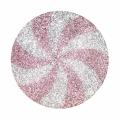 Round pillow with red and white spiral design featuring a glittery texture and a soft velvet back. Round pillow with red and white spiral design featuring a glittery texture and a soft velvet back.