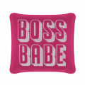 White velvet pillow featuring "BOSS BABE" in faux pearls and rhinestones with a smooth plush texture.