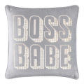 White velvet pillow featuring "BOSS BABE" in faux pearls and rhinestones with a smooth plush texture. White velvet pillow featuring "BOSS BABE" in faux pearls and rhinestones with a smooth plush texture.