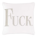 White velvet pillow with large rhinestone and faux pearl lettering spelling "FUCK" in silver embellishments.