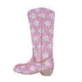 Boot-shaped pillow in aqua velvet with white flower patterns and rhinestone embellishments featuring a glittery beige sole.