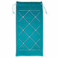 Teal velvet wine bag with rhinestone embellishments in a crisscross pattern and a drawstring closure at the top. Teal velvet wine bag with rhinestone embellishments in a crisscross pattern and a drawstring closure at the top.
