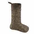 Red glitter stocking with a plush gray velvet cuff and a hanging loop at the top. Red glitter stocking with a plush gray velvet cuff and a hanging loop at the top.