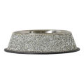 Three stainless steel pet bowls with silver rhinestone embellishments featuring a textured surface and black rubber base. Three stainless steel pet bowls with silver rhinestone embellishments featuring a textured surface and black rubber base.