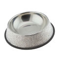 Three stainless steel pet bowls with silver rhinestone embellishments featuring a smooth interior and textured exterior. Three stainless steel pet bowls with silver rhinestone embellishments featuring a smooth interior and textured exterior.