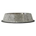 Three stainless steel pet bowls with silver rhinestone embellishments featuring a smooth interior and textured exterior. Three stainless steel pet bowls with silver rhinestone embellishments featuring a smooth interior and textured exterior.