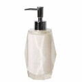 Faceted aqua resin lotion pump with a diamond-like finish and stainless steel dispenser featuring a glittery texture. Faceted aqua resin lotion pump with a diamond-like finish and stainless steel dispenser featuring a glittery texture.
