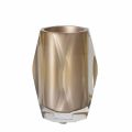 Faceted tumbler in silver and clear acrylic with a geometric shape and smooth reflective surface.