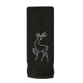 Red cotton hand towel featuring a rhinestone-embellished reindeer design and a textured border at the bottom. Red cotton hand towel featuring a rhinestone-embellished reindeer design and a textured border at the bottom.