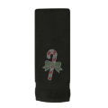 Red cotton hand towel featuring a rhinestone candy cane motif with a bow textured surface measures 30"x16". Red cotton hand towel featuring a rhinestone candy cane motif with a bow textured surface measures 30"x16".