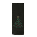 White terry cotton hand towel featuring a green rhinestone Christmas tree design with red ornaments and a gold star on top. White terry cotton hand towel featuring a green rhinestone Christmas tree design with red ornaments and a gold star on top.