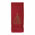 White terry cotton hand towel featuring a green rhinestone Christmas tree design with red ornaments and a gold star on top.