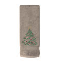 White terry cotton hand towel featuring a green rhinestone Christmas tree design with red ornaments and a gold star on top. White terry cotton hand towel featuring a green rhinestone Christmas tree design with red ornaments and a gold star on top.